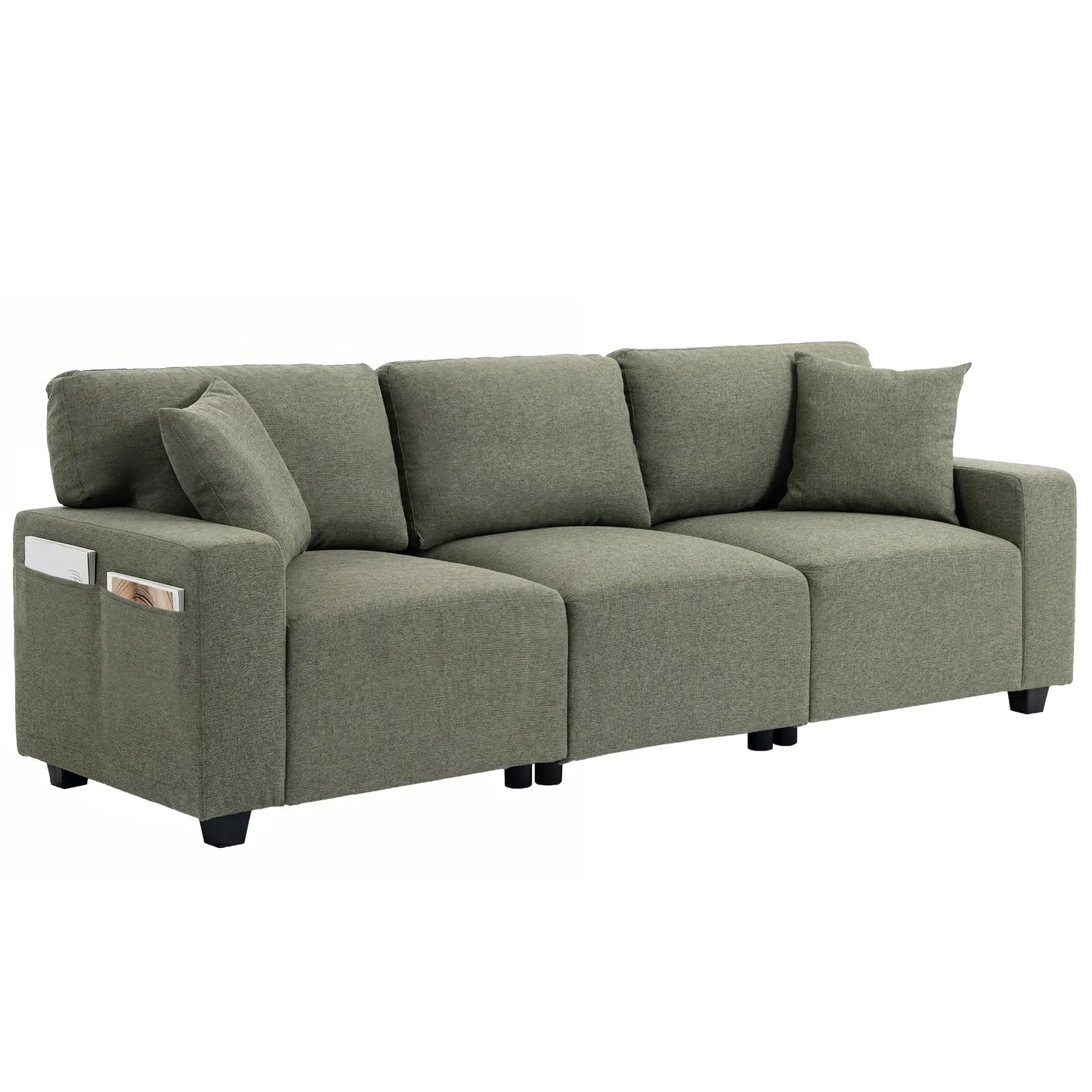 3 Seater Sofa With Storage Pockets, Modern Upholstered Couch, Green 3-Seater Sofas at Gallery Canada