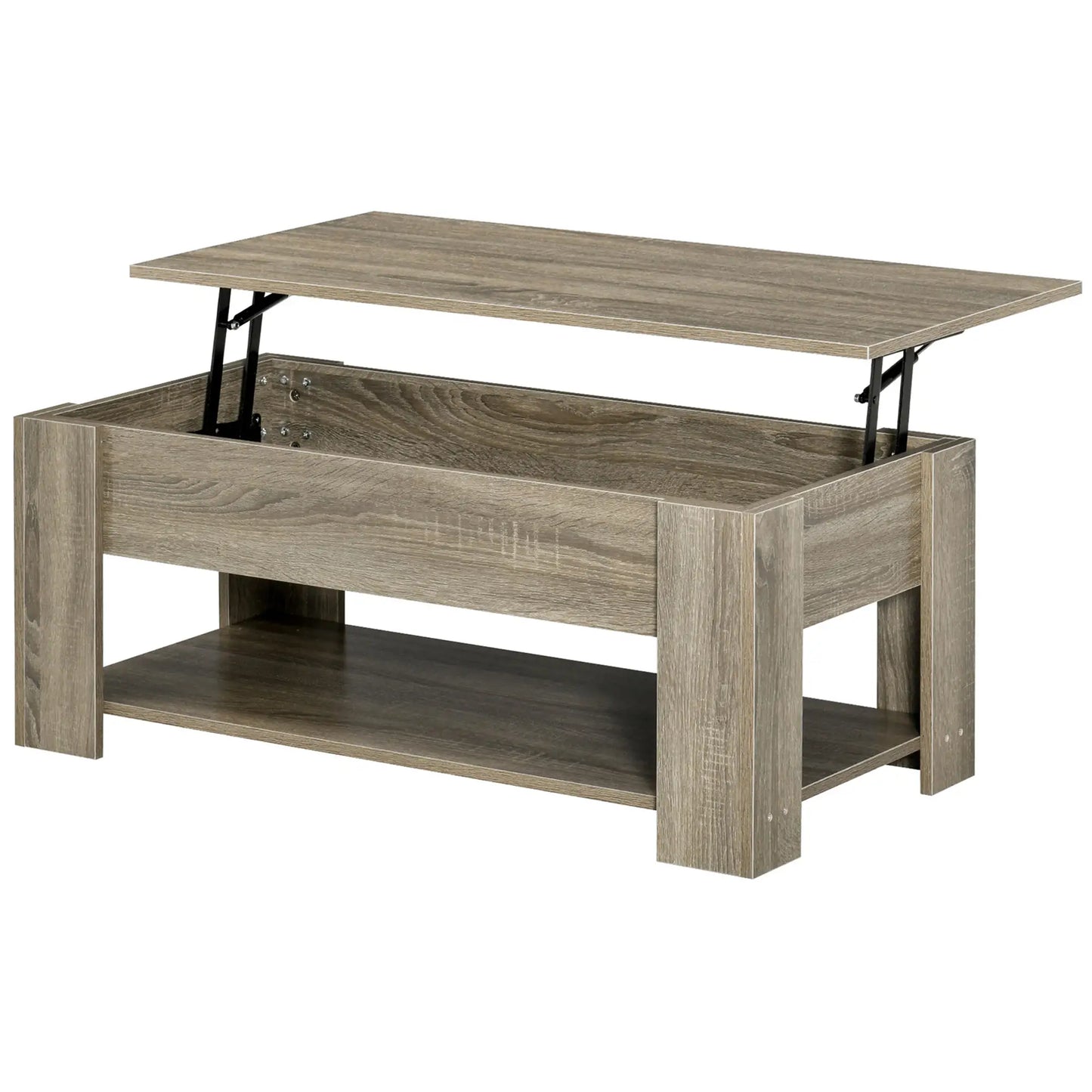 Table basse à plateau relevable, rangement caché, étagère ouverte, salon, gris