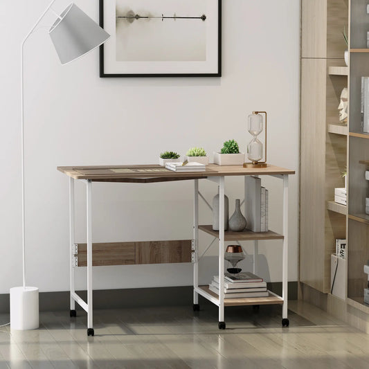Folding Computer Desk with Storage, Study Writing Table, 6 Wheels, Natural Writing Desks White, Oak at Gallery Canada