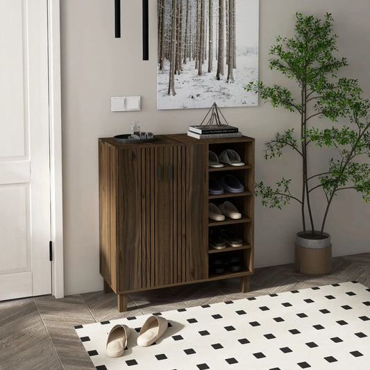 Double Door Shoe Storage, Open Shelves, 17 Pair, Walnut Shoe Storage Cabinets & Racks Walnut at Gallery Canada