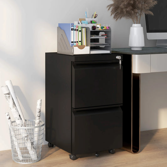 Mobile Vertical Filing Cabinet, 2-Drawer, Adjustable Hanging Bar, Letter, A4, Legal Size, Black