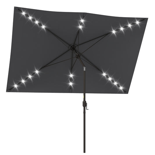 6.5x10ft Patio Umbrella Tilt Aluminum Outdoor Market Parasol with Solar Powered LEDs, Crank - Dark Grey