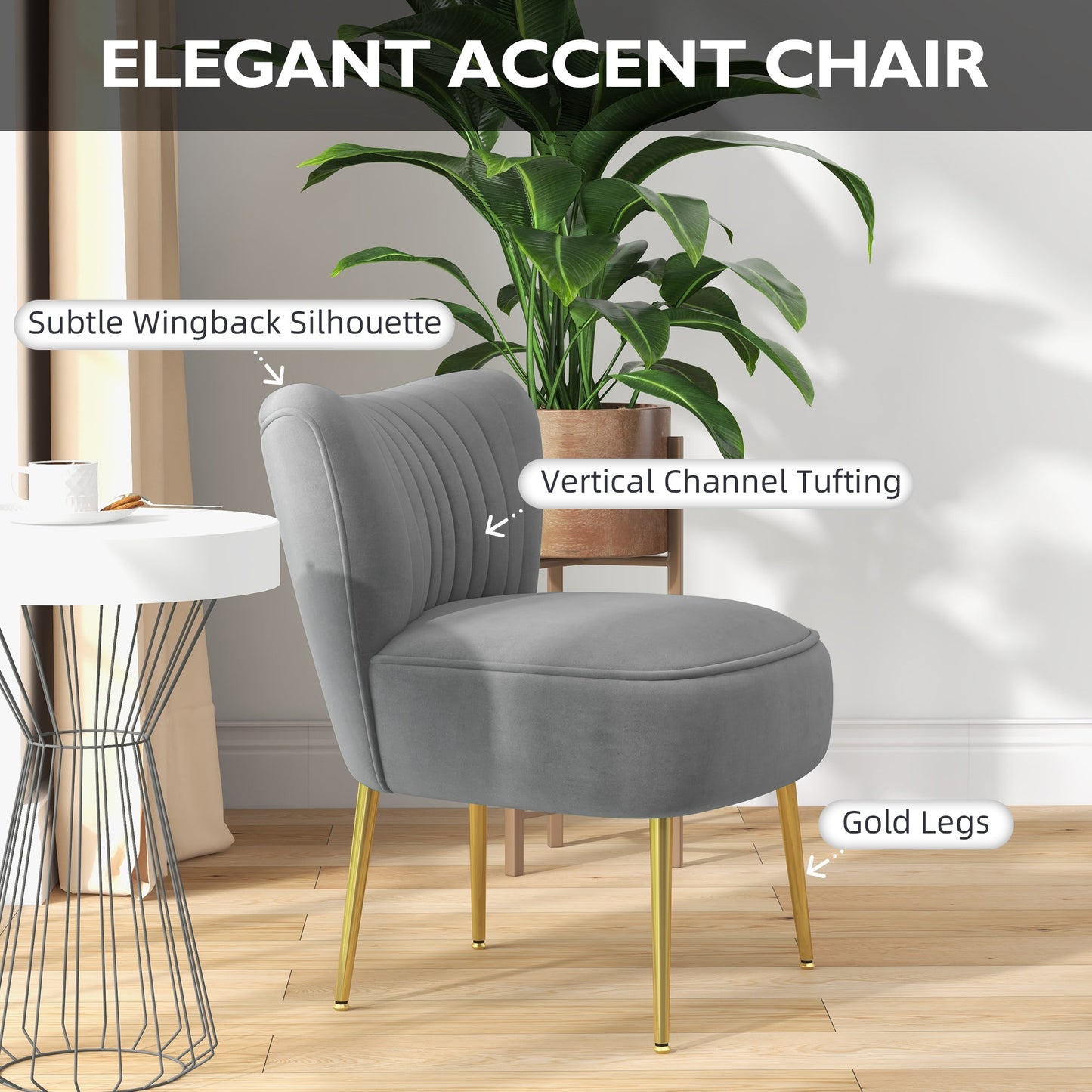 Velvet Lounge Chair, Modern Accent Chair for Living Room with Gold Steel Legs and Tufting Backrest, Grey - Gallery Canada