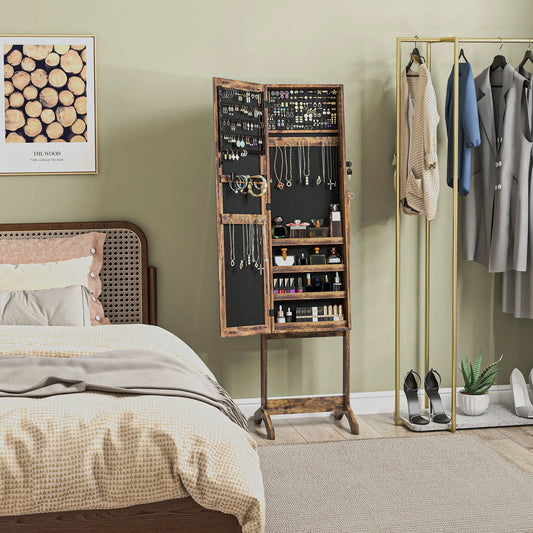 Lockable Mirror Jewelry Cabinet, Full-Length, 3 Adjustable Angles, Rustic Brown Jewelry Armoire & Jewellery Mirror Cabinets Rustic Brown at Gallery Canada