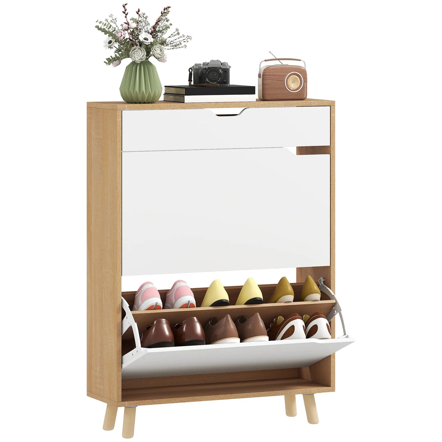 Narrow Shoe Cabinet, 2 Flip Drawers, Adjustable Shelves, White Shoe Storage Cabinets & Racks at Gallery Canada