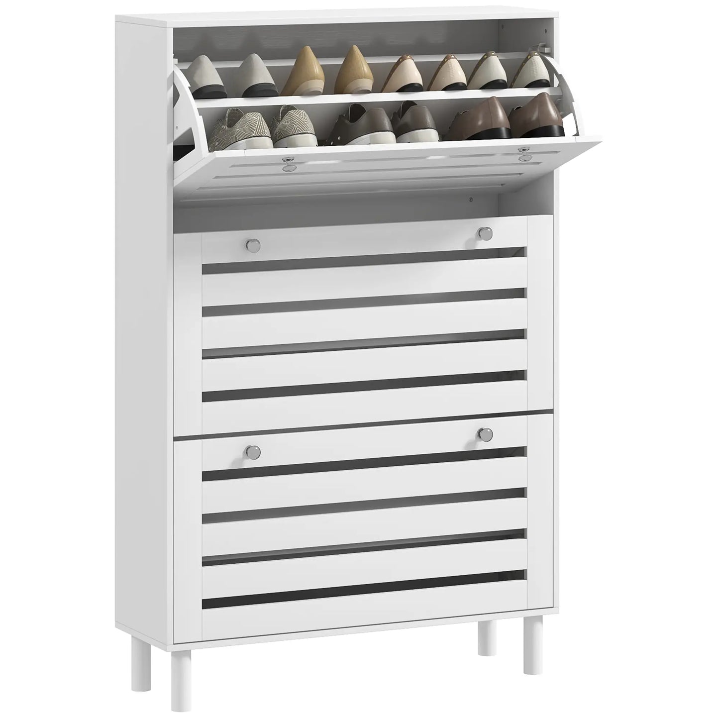 Narrow Shoe Storage Cabinet, 3 Flip Drawers, Adjustable Shelves, 24 Pairs, White Shoe Storage Cabinets & Racks at Gallery Canada