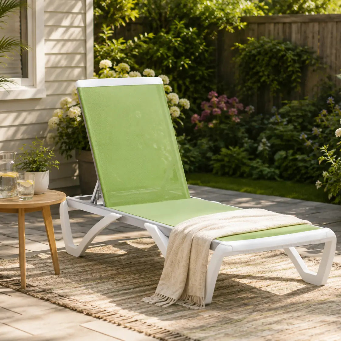 Outdoor Chaise Lounge Chair, Adjustable Back, Wheels, Mesh Fabric, Green