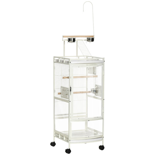 54 Inch Bird Cage for Finches, Budgies, Cockatiels, Parrot Cage with Wheels, Bird Feeder Stand, Pull Out Tray, White at Gallery Canada
