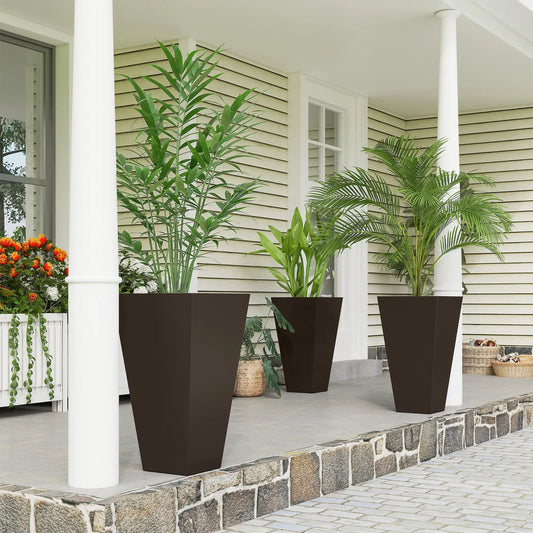 28" Tall Garden Plastic Planters, Set Of 3, Brown