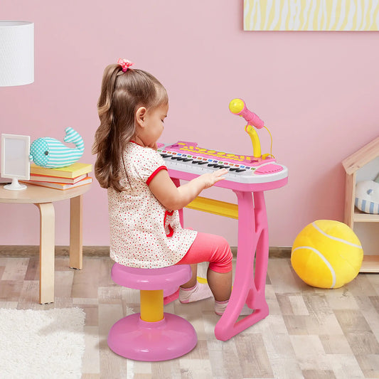 Kids Toy Piano Keyboard, Sitting Stool, Microphone, Flashlight, Pink Electronic Musical Pianos Pink, White at Gallery Canada