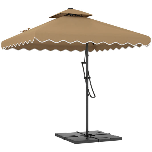 8' x 8' Square Double Top Offset Patio Umbrella Garden Parasol with Ruffles, Lever Handle and Weights, Khaki at Gallery Canada