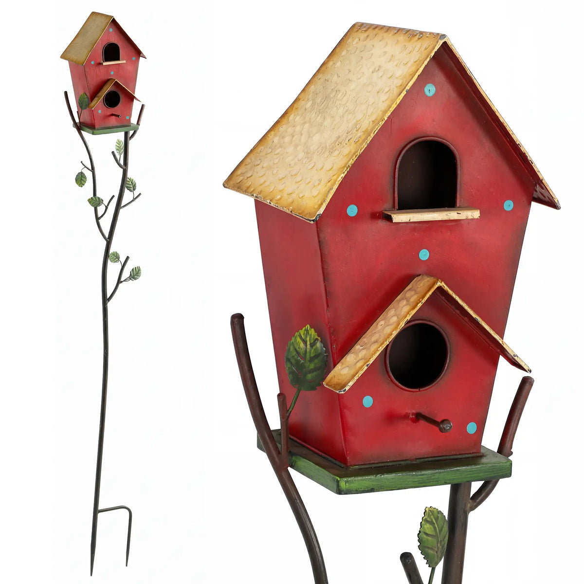 57" Outdoor Bird House With Pole, Metal, Double-Hole, Red Birds at Gallery Canada