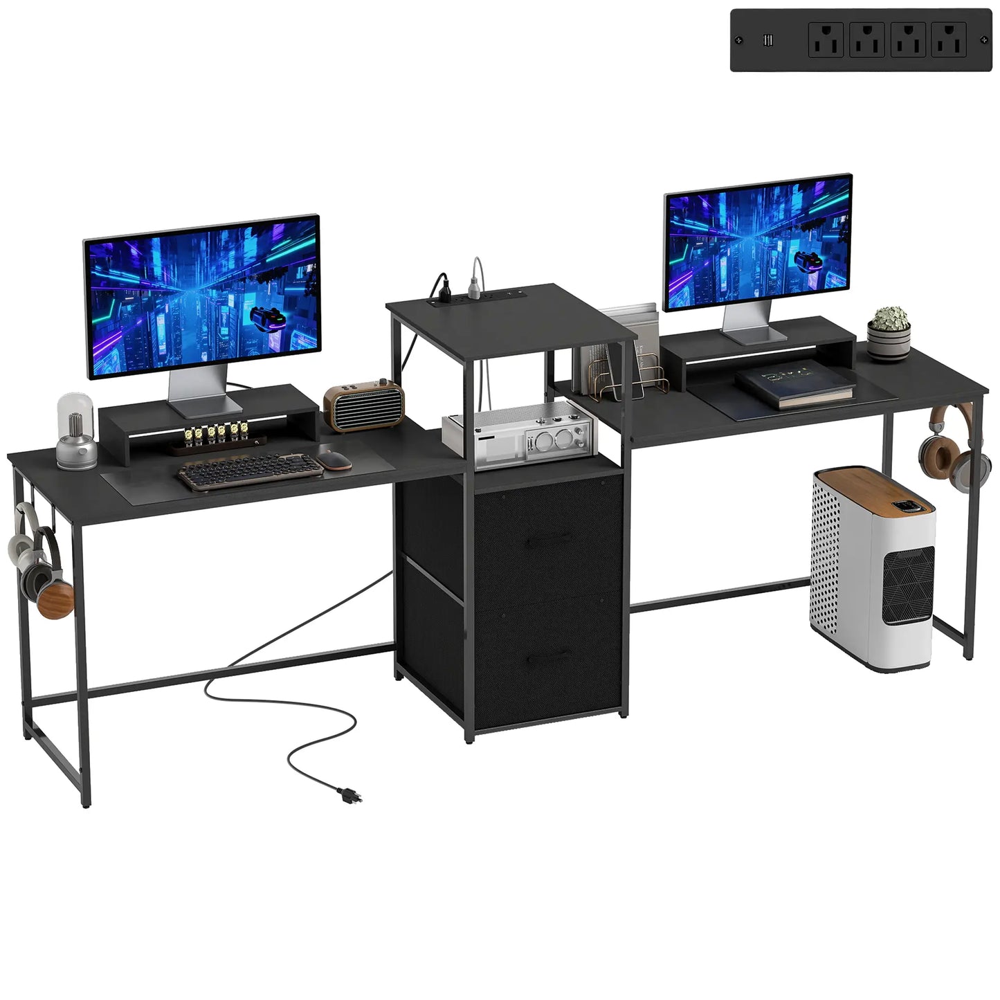 Bureau de jeu de 96 pouces, Bureau double pour ordinateurs, Noir