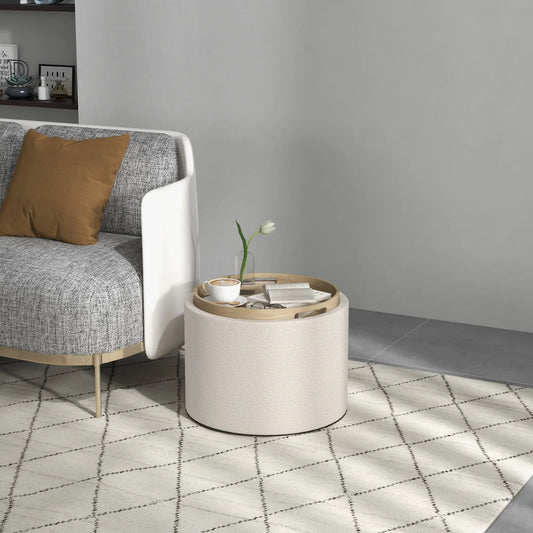 Round Coffee Table with Hidden Storage, Tray Top, Linen Footrest Coffee Tables Cream at Gallery Canada
