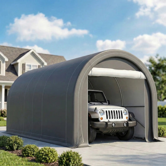 10' x 16' Heavy Duty Carport Tent, Zippered Door, PE Cover, Grey Car Shelters Grey at Gallery Canada