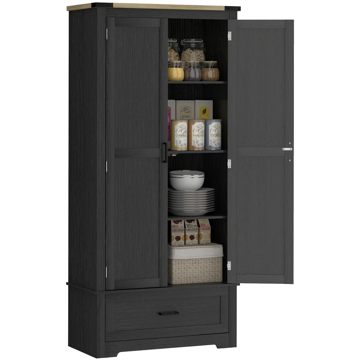 69" Tall Kitchen Pantry Cabinet, 2 Doors, Drawer, Adjustable Shelves, Black Brown Kitchen Pantry Cabinets at Gallery Canada