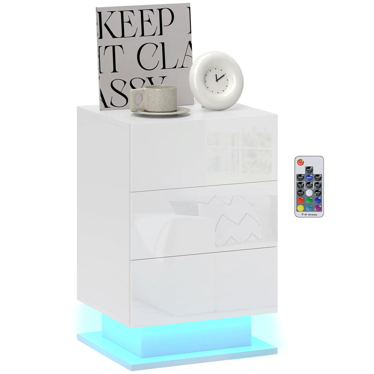 LED Nightstand with 3 Drawers, APP Control, White Bedside Tables at Gallery Canada