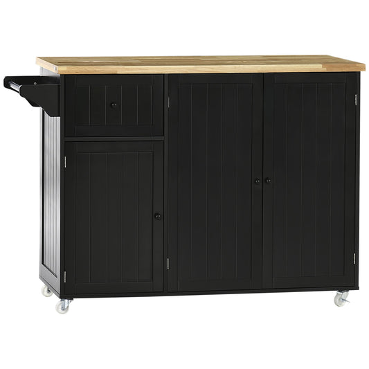 Rolling Kitchen Island on Wheels, Utility Serving Cart with Rubber Wood Top, Towel Rack, Storage Cabinets and Drawer, Black at Gallery Canada