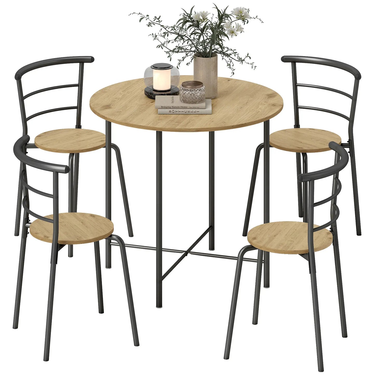 5 Piece Dining Table Set, Round for 4, Metal Frame, Natural Dining Table Sets at Gallery Canada