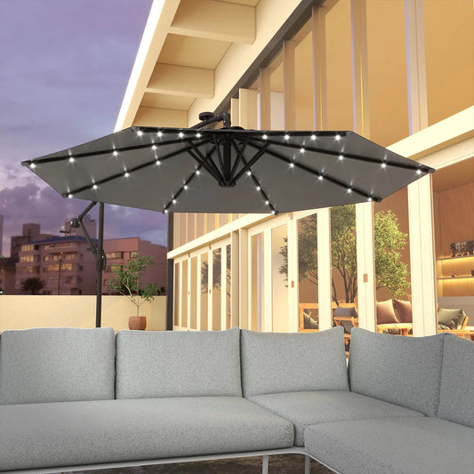 9.5' Offset Patio Umbrella with Solar LED Lights, Dark Grey Cantilever Umbrellas Dark Grey at Gallery Canada