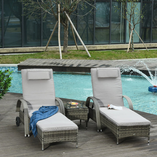 Rattan Lounge Set, Wheeled Chaise Chair with Glass Table, Mixed Grey, Grey Chaise Loungers Mixed Grey Rattan, Grey Cushion at Gallery Canada
