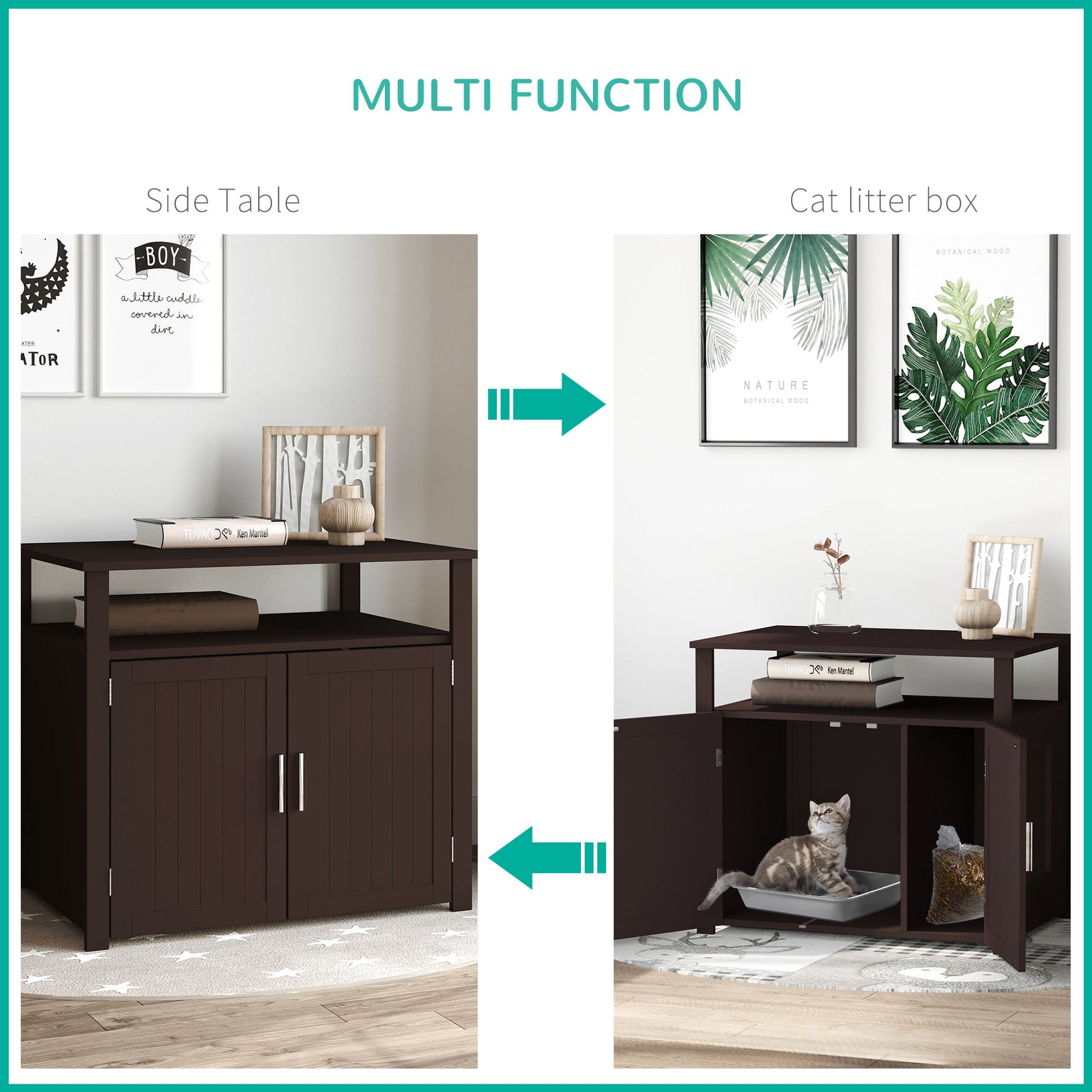 Litter Box for Cats Enclosure Cat Washroom Kitten House Furniture Nightstand End Table Hideaway Cabinet with Removable/ Adjustable Divider Magnetic Doors Brown at Gallery Canada