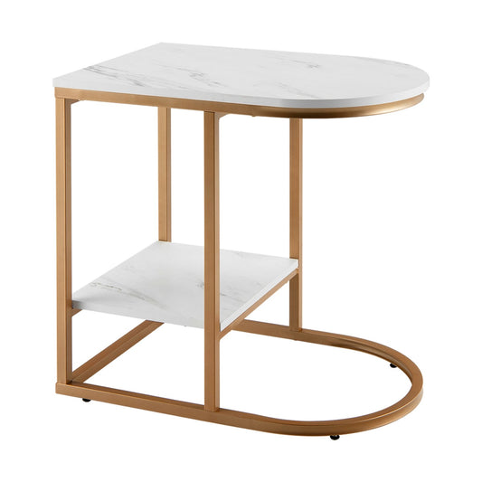 C-shaped Side Table with Faux Marble Tabletop and Golden Steel Frame, White at Gallery Canada