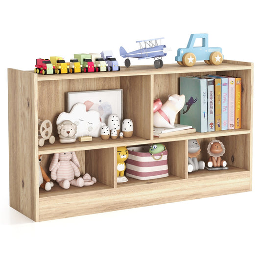 Kids 2-Shelf Bookcase 5-Cube Wood Toy Storage Cabinet Organizer, Natural
