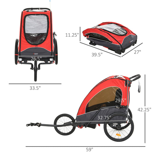 Child Bike Trailer 3 In1 Foldable Jogger 2-Seater Pushcar Transport Buggy Carrier with Shock Absorber System Rubber Tires Adjustable Handlebar Kid Bicycle Trailer Red at Gallery Canada