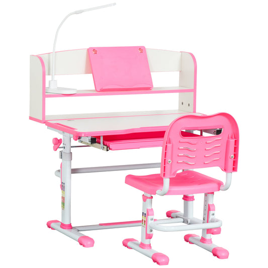 Kids Desk and Chair Set Height Adjustable Student Writing Desk Children School Study Table with LED Lamp, Bookshelf, Drawer, Reading Board, Pen Slot, Hook, Pink - Gallery Canada