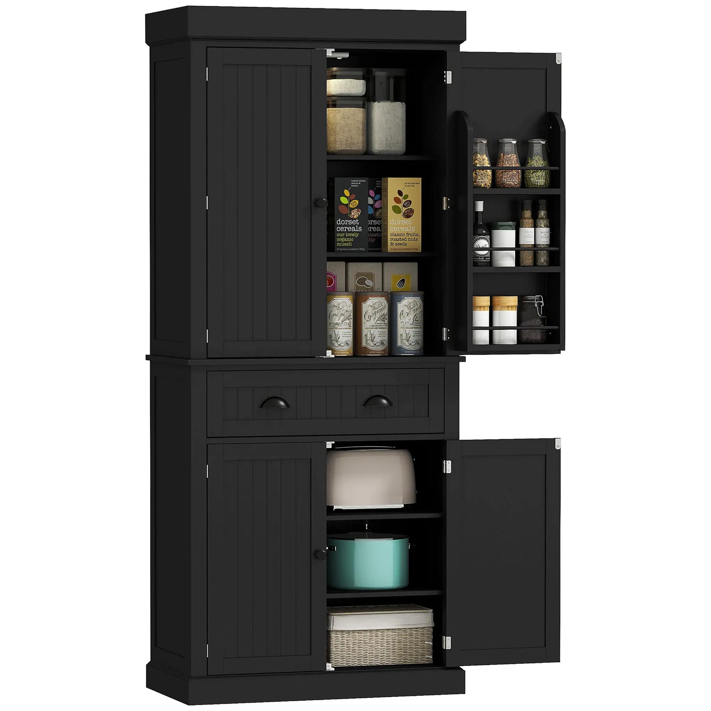 71" Kitchen Pantry Cabinet, LED Lights, 6 Spice Racks, Drawer, 4 Adjustable Shelves, Black Kitchen Pantry Cabinets at Gallery Canada