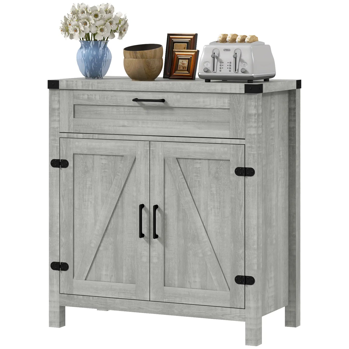 Farmhouse Kitchen Cabinet, Sideboard with 2 Barn Doors, Drawer, Grey Bar Cabinets at Gallery Canada