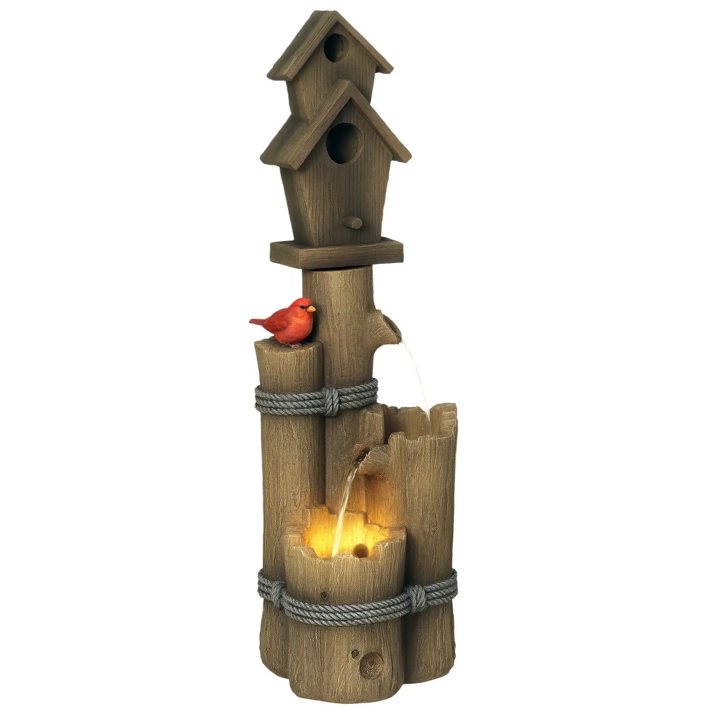 Outdoor Fountain, Garden Waterfall with Birdhouse, 3-Tier Tree Trunk, LED Lights, Brown Water Fountains at Gallery Canada