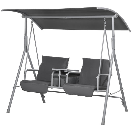 2-Seater Outdoor Porch Swing with Adjustable Canopy and Table, Patio Swing Chair for Garden, Poolside, Backyard, Grey