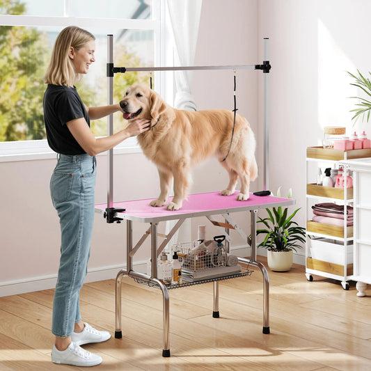 Adjustable Dog Grooming Table, 2 Safety Slings, Storage Basket, Pink Dog Grooming Tables Pink at Gallery Canada