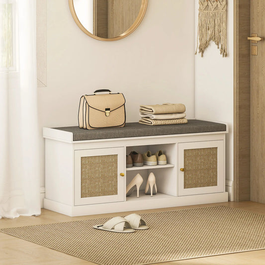 Shoe Bench with Padded Cushion, Boho Entryway, Rattan Doors, Adjustable Shelves, White Shoe Storage Cabinets & Racks White, Grey at Gallery Canada