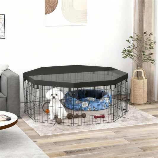 8 Panels Foldable Dog Playpen With Top Cover, 24" High Dog PlayPens Black at Gallery Canada