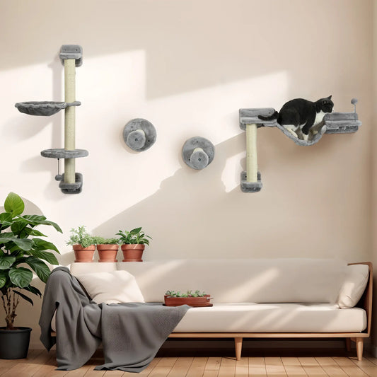 4PCs Cat Wall Shelves, Hammock, Scratching Post, Ladder, Grey Cat Climbing Wall Grey and Cream at Gallery Canada