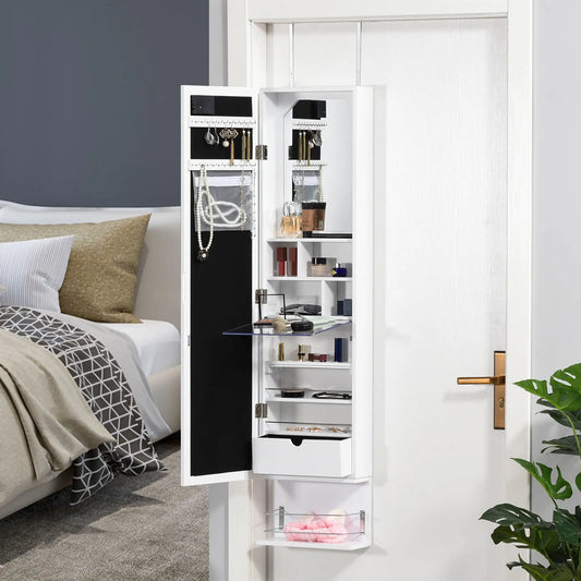 Mirror Jewelry Cabinet, LED Lights, Wall Mount, 3 Heights, Drawer, Shelf, White Jewelry Armoire & Jewellery Mirror Cabinets White at Gallery Canada