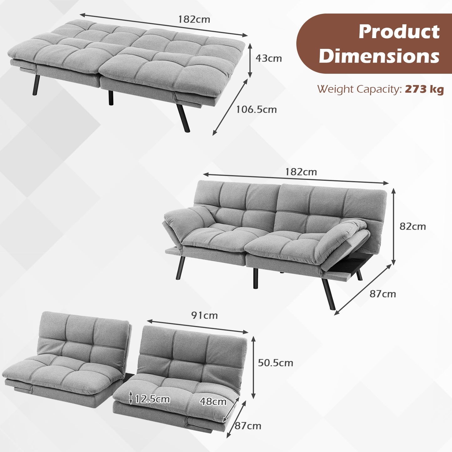 Convertible Memory Foam Futon Sofa Bed, Adjustable Armrest, Gray Sofas & Loveseats Gray at Gallery Canada