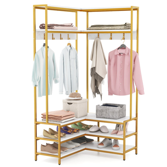 Corner Garment Rack With Open Shelves, 7 Hooks Shoe Bench, White Cabinets & Chests White at Gallery Canada