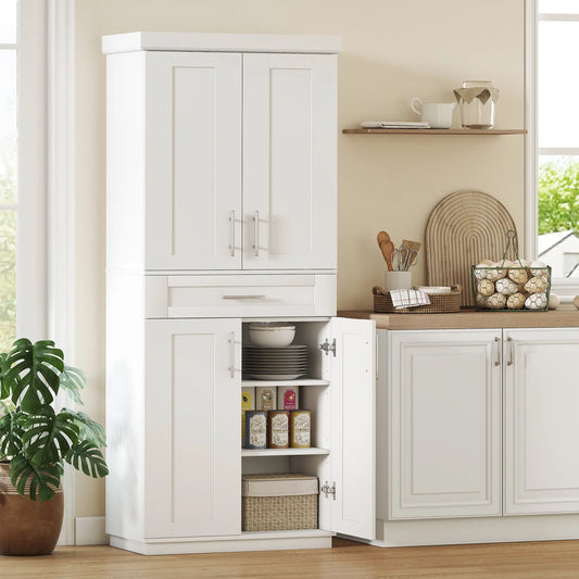 72" Storage Cabinet, Freestanding Kitchen Pantry Cabinet with 4 Doors, Drawer and 3 Adjustable Shelves, White Kitchen Pantry Cabinets White at Gallery Canada