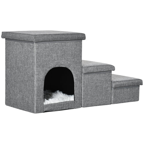 Dog Ramp with Storage Boxes and Condo, 3-step Pet Stairs for High Beds and Couch with Washable Plush Cushion