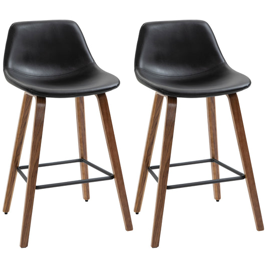 Counter Height Bar stools Set of 2 Mid-Back PU Leather Bar Chairs with Wood Legs, Black at Gallery Canada