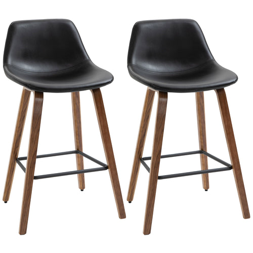 Counter Height Bar stools Set of 2 Mid-Back PU Leather Bar Chairs with Wood Legs, Black