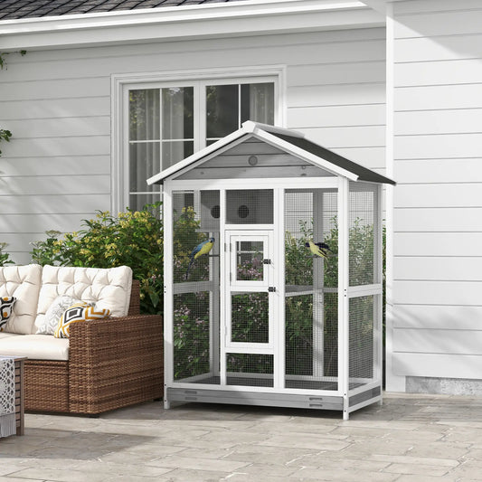 65" Large Bird Cage, Wooden Aviary, 2 Doors, Standing Pole, Grey Bird Cages White, Grey, Black at Gallery Canada