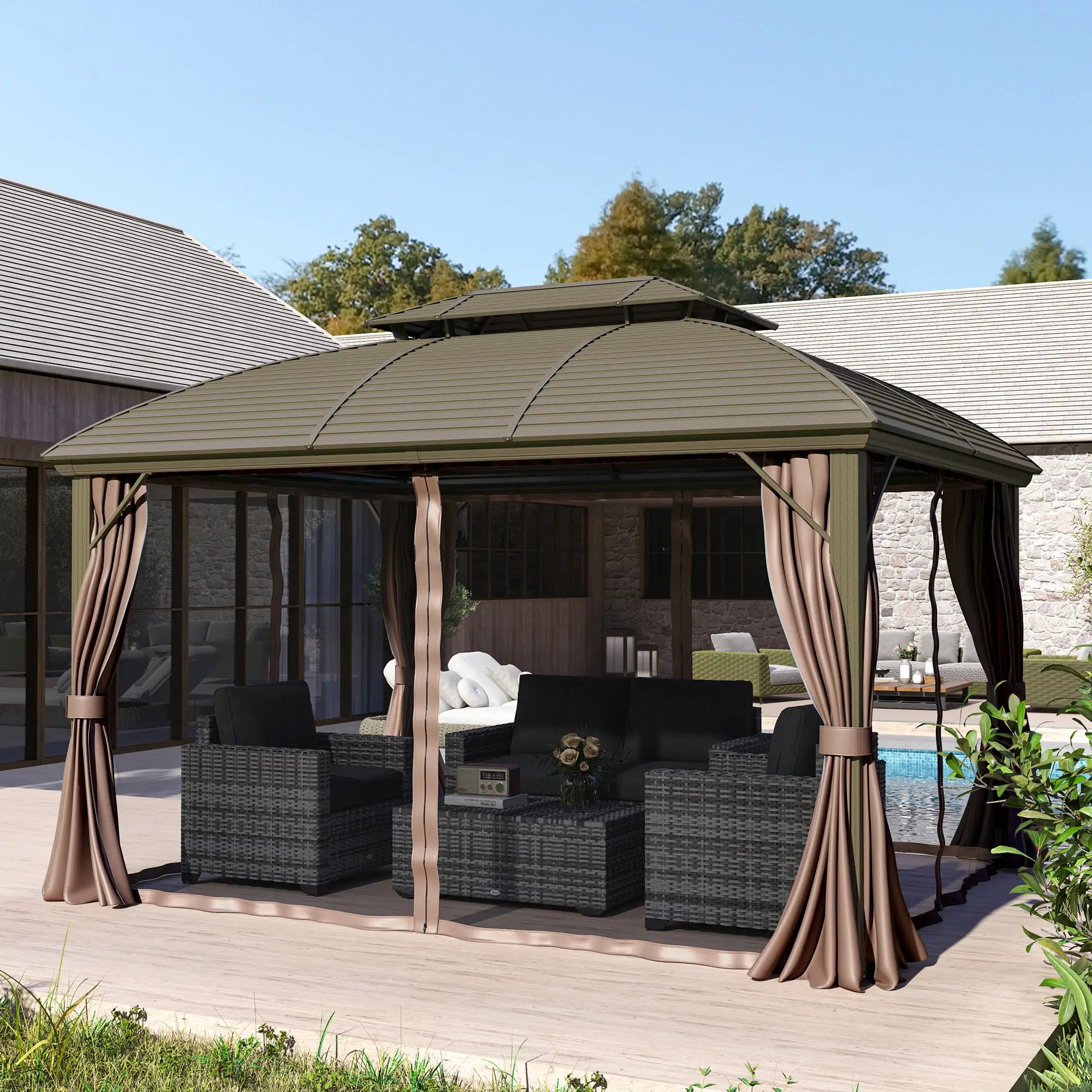10' x 12' Hardtop Gazebo, Double Roof, Netting, Curtains, Garden, Backyard Gazebos at Gallery Canada
