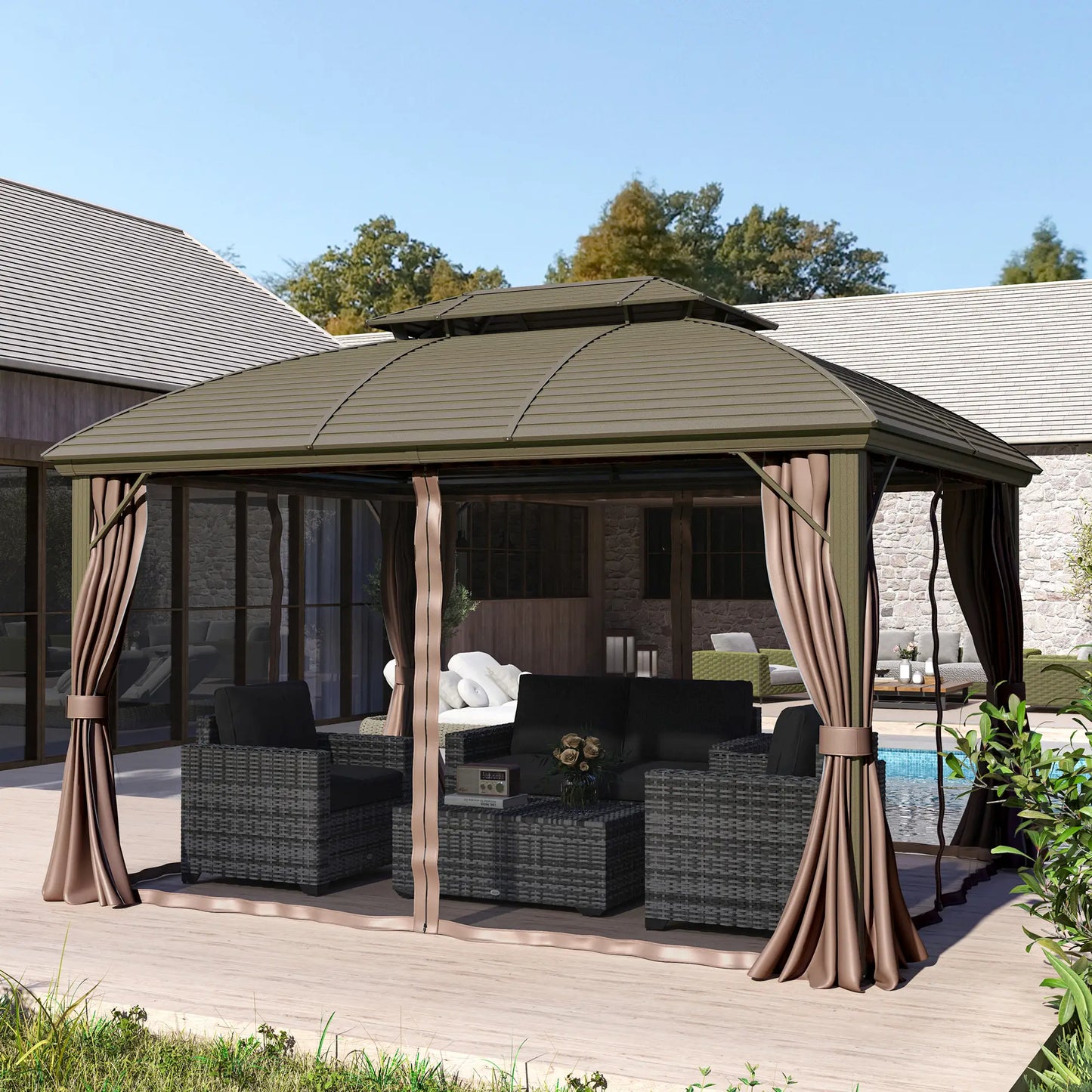 10' x 12' Hardtop Gazebo, Double Roof, Netting, Curtains, Garden, Backyard Gazebos at Gallery Canada