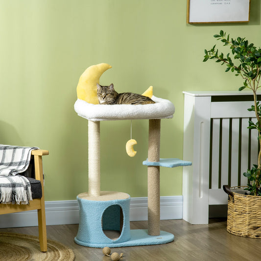 Moon Cat Tower, Teddy Fleece House Bed, Scratching Post, Hanging Toy, Star Platform 41", Blue Cat Towers Blue, Yellow at Gallery Canada