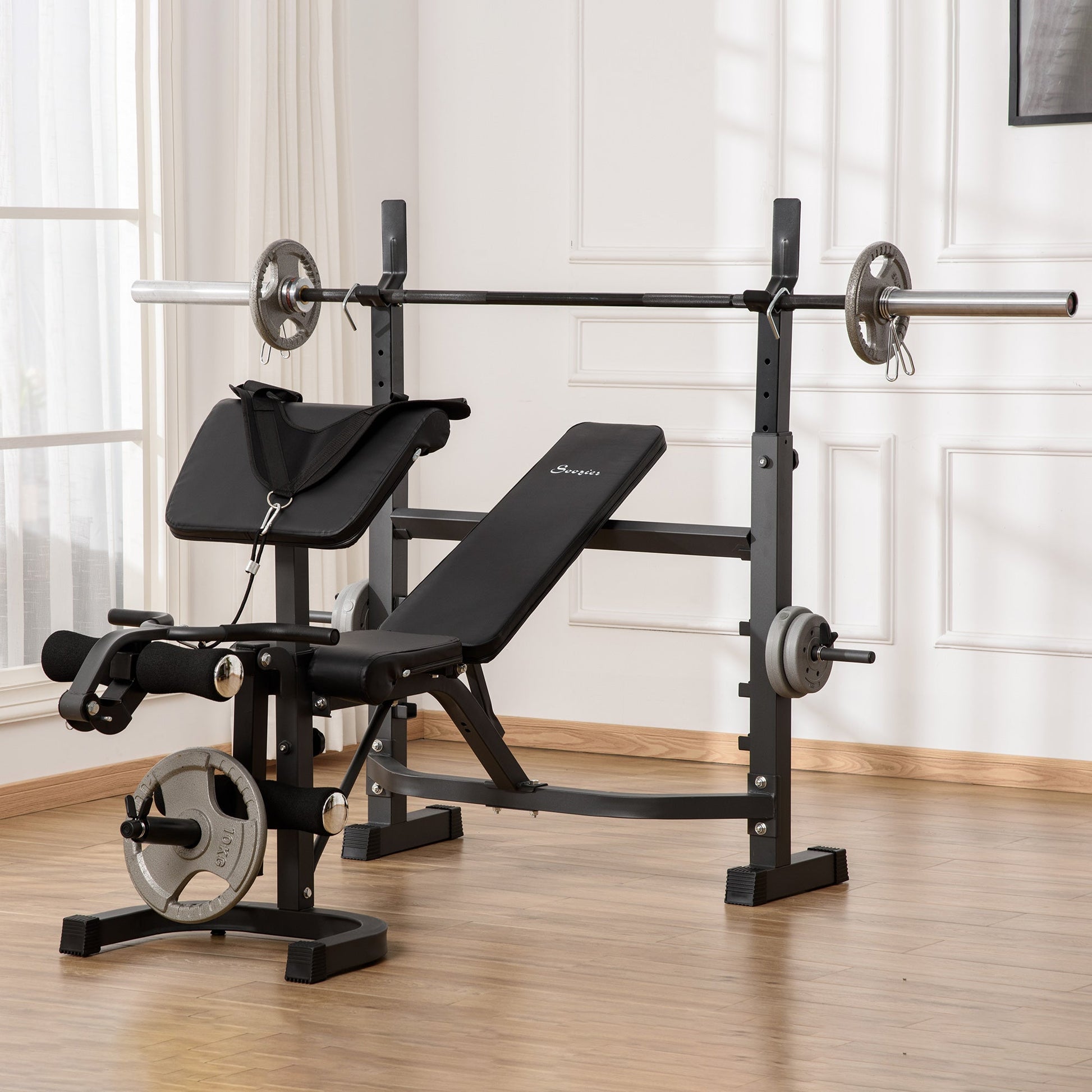 Weight Bench Stand with Squat Rack, Adjustable Olympic Bench, Multifunctional Arm Curl Pad, Leg Extension, Grey at Gallery Canada